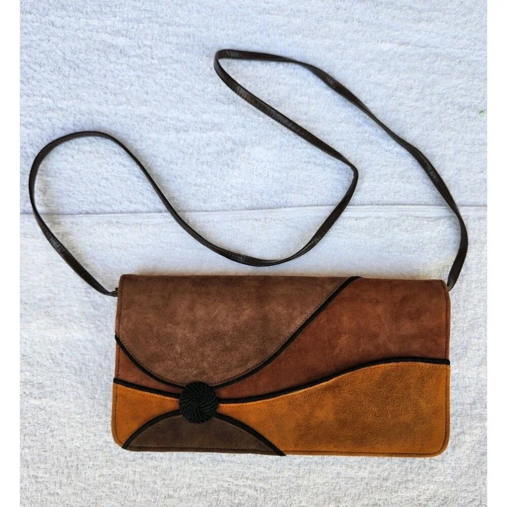 Vintage 80s 90s Suede Leather Retro Clutch Purse Jasmin Fall Autumn Brown Bag